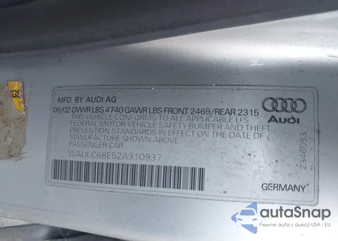 2002 Audi A4 1.8T Quattro z USA, uszkodzony, nr VIN WAULC68E52A310937